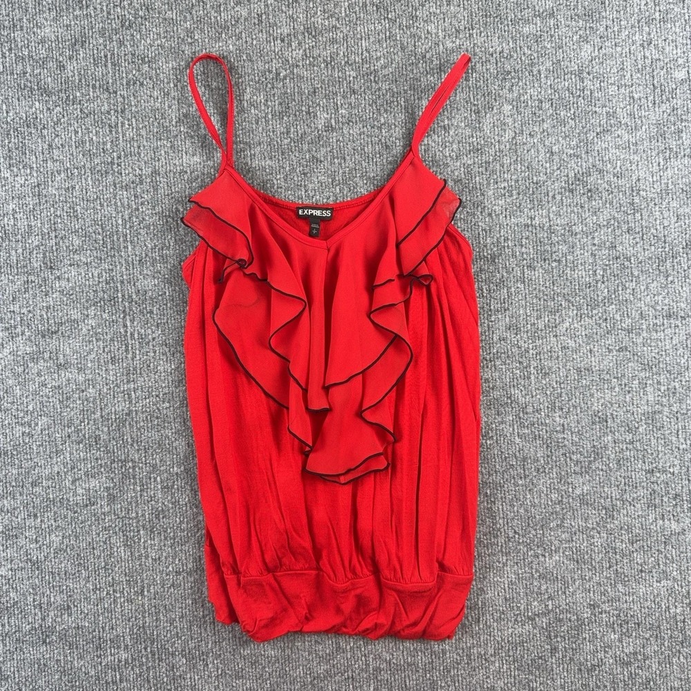 Y2K Express Tank Top Womens Small Red Ruffle Scoop Neck Spaghetti Strap Camisole